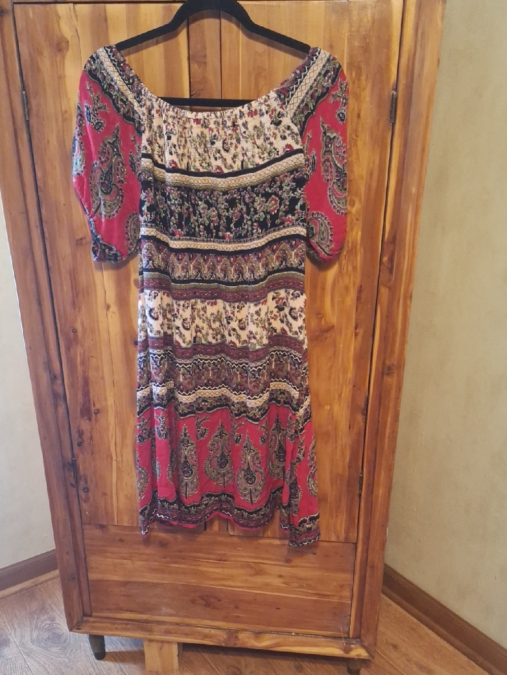 Bohemian Red Patterned Off-Shoulder Women's Dress